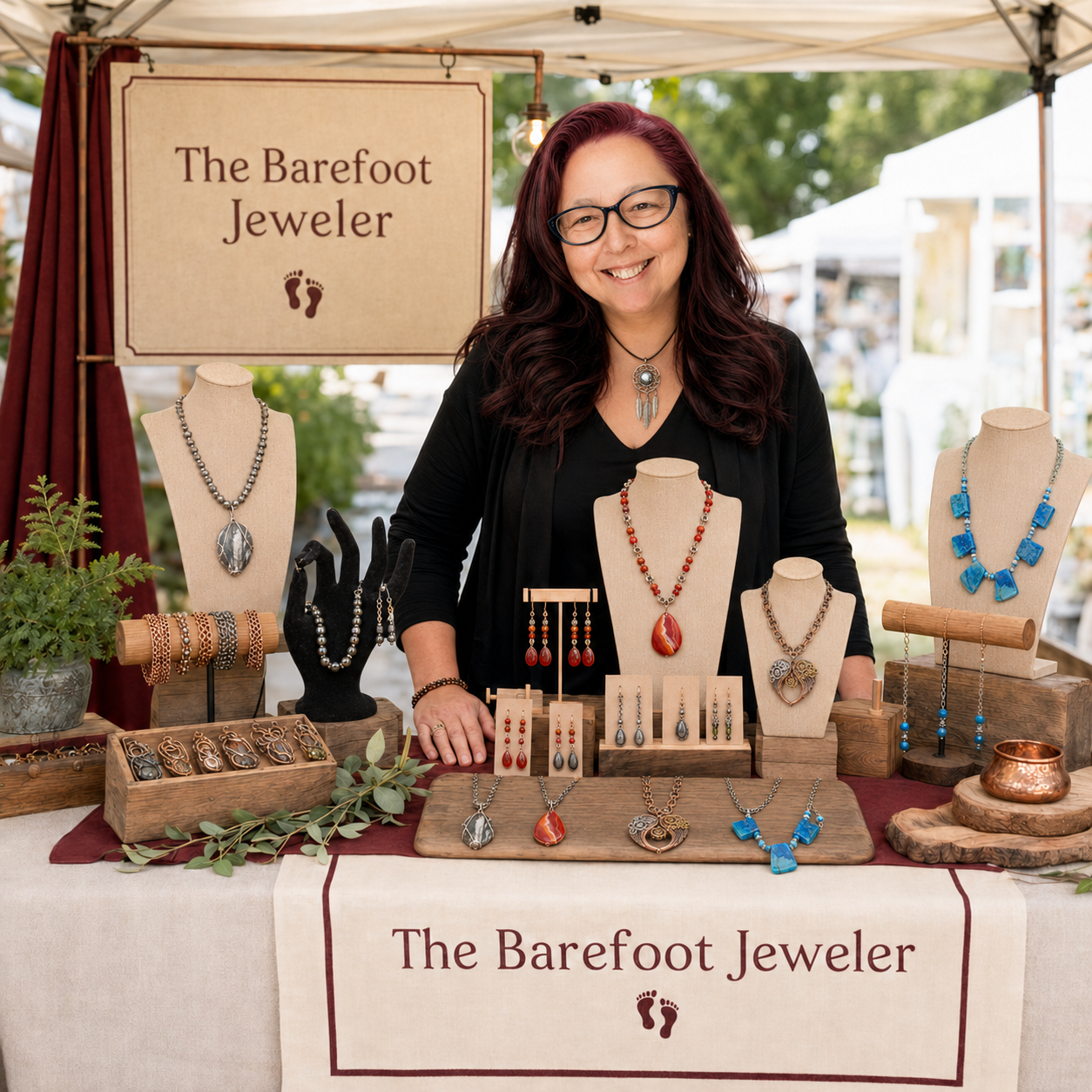 The Barefoot Jeweler booth at a market with jewelry displays