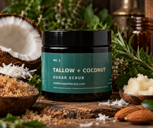 Wild Fern Apothecary Tallow + Coconut Sugar Scrub in a black jar with a teal label