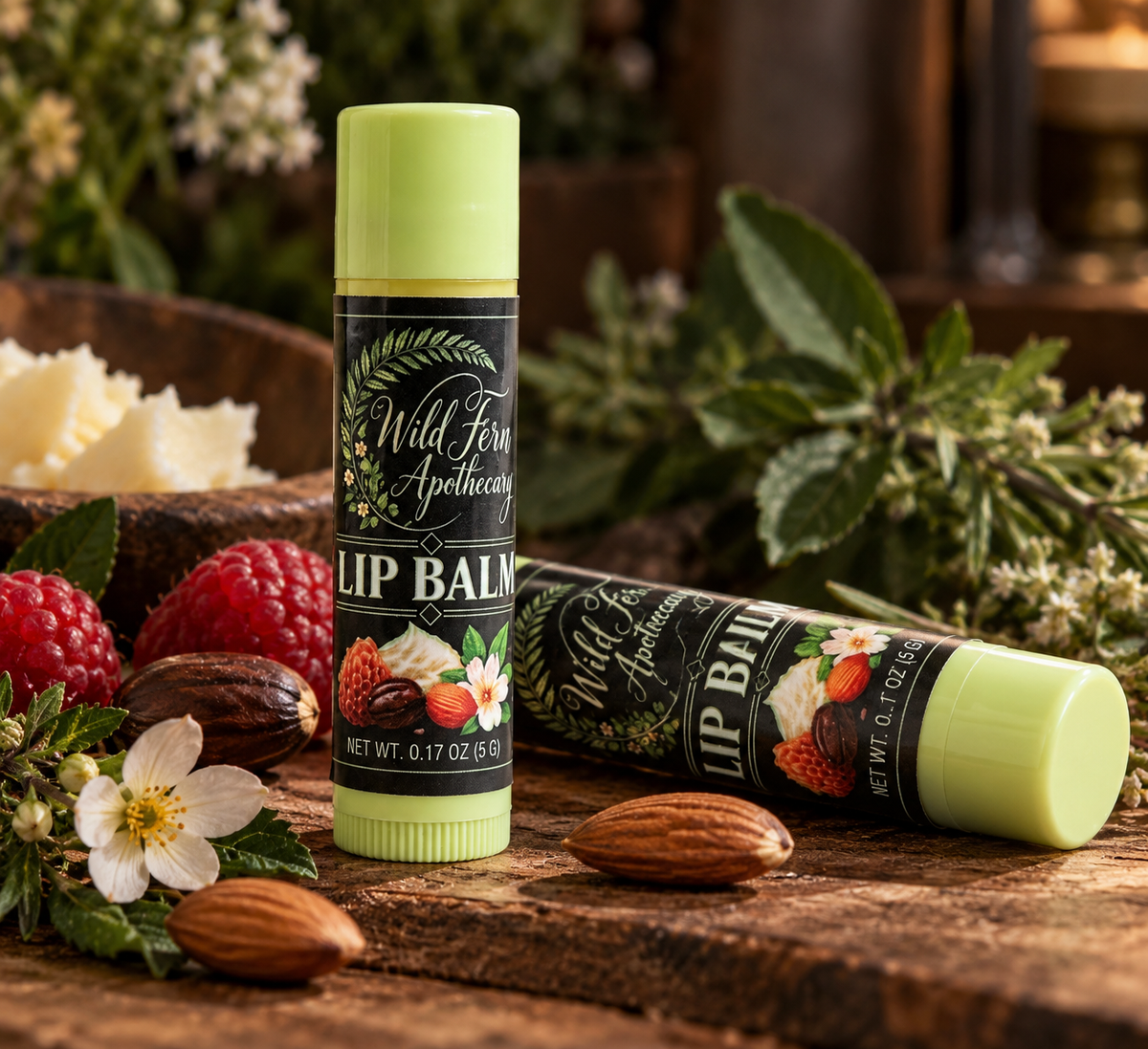 Wild Fern Apothecary Lip Balm in green-capped tubes with botanical labels