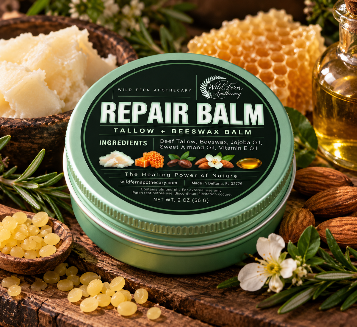 Wild Fern Apothecary Repair Balm in a green tin with its ingredient label visible