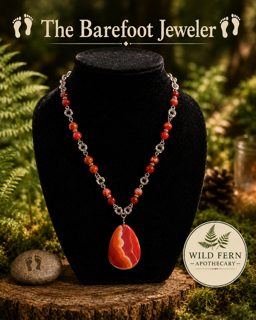 Fire Agate pendant necklace with Carnelian beads and Mobius Knot chain by The Barefoot Jeweler